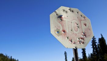 Stop sign riddled with bullet holes