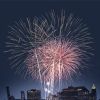 Fourth of July celebration over New York skyline at night