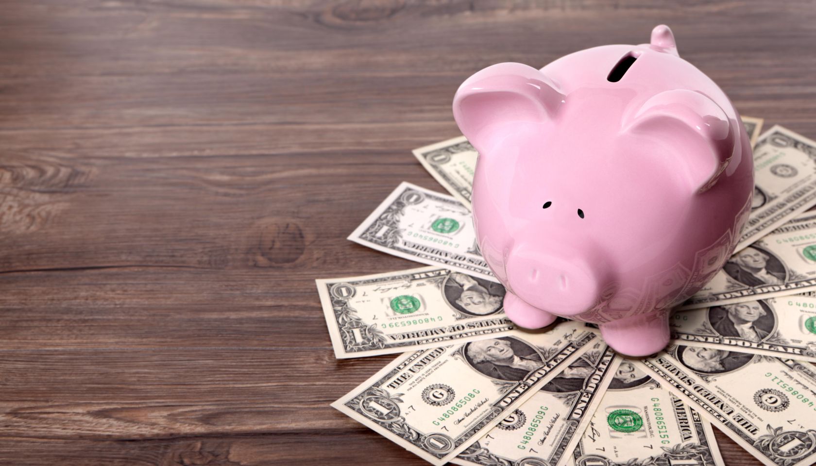 Piggy bank standing on dollars