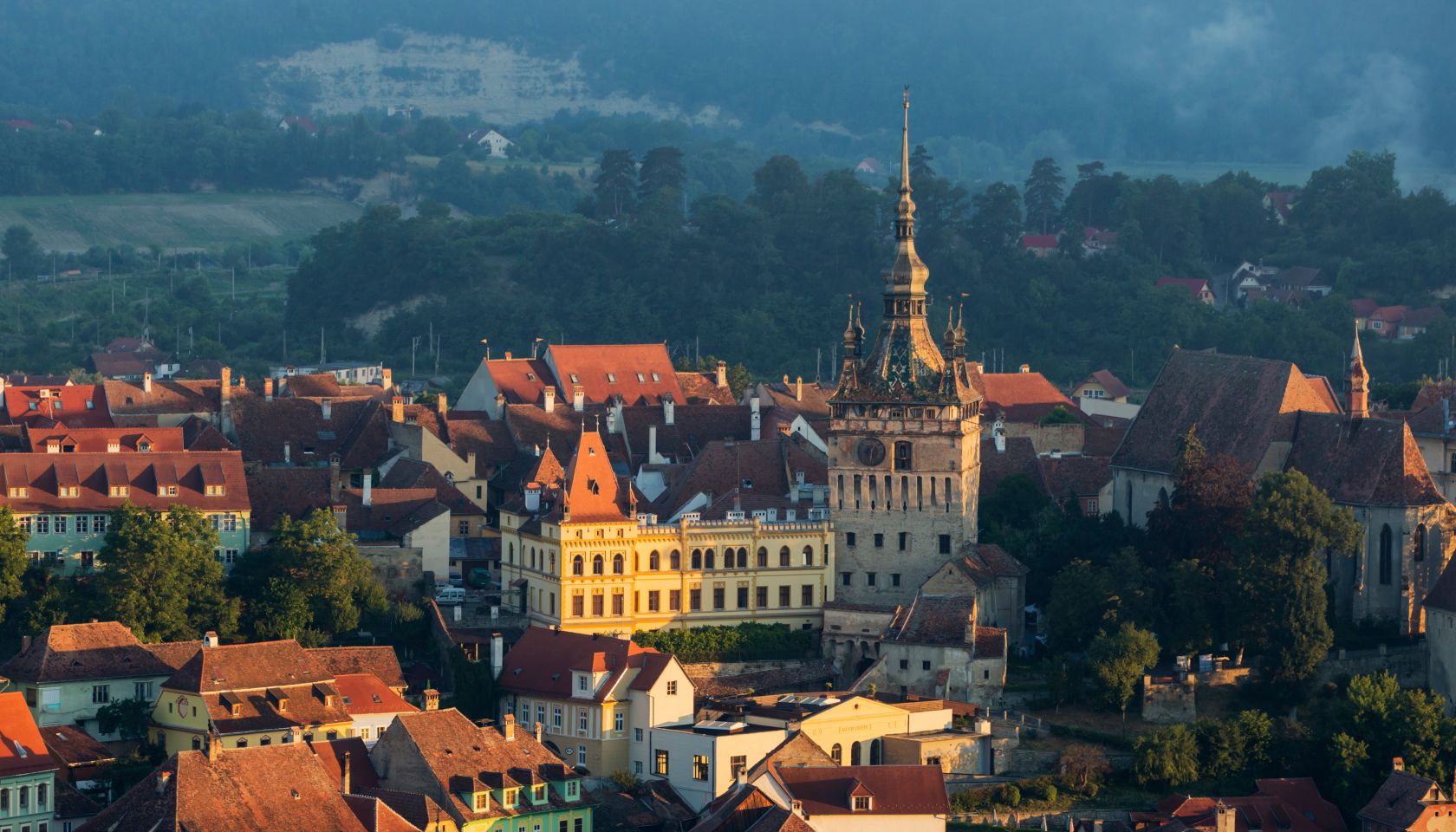 Cityscape at sunrise, Sighisoara, Transylvania, Romania