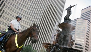 A policeman on horseback at Fountain Square.