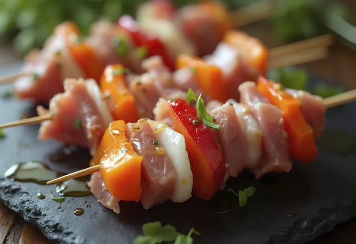 Skewers with pieces of raw meat,Bell peppers,And onions