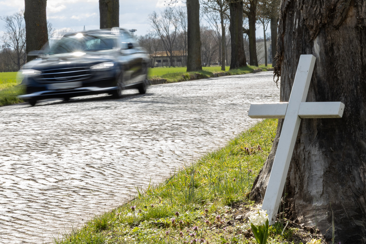 Fast car is passing a tree with a memorial cross, where a horrifying traffic accident happened