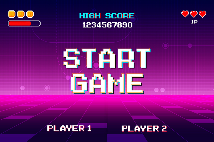 START GAME. pixel art .8 bit game. retro video game. for game assets. Retro Futurism Sci-Fi Background. glowing neon grid and star from vintage arcade computer games