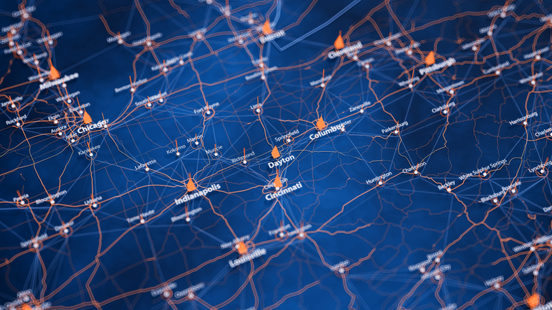 Dayton map big data visualization. Futuristic map infographic of city in USA. Visual map data complexity in modern blue and orange colors