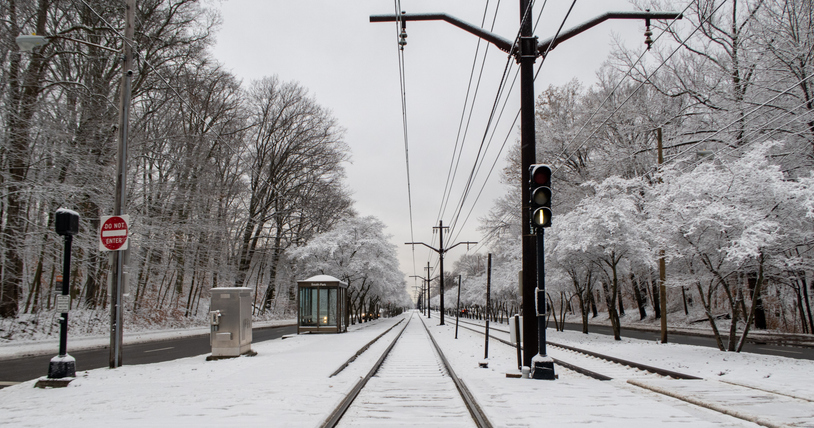 Light rail in snow in Cleveland