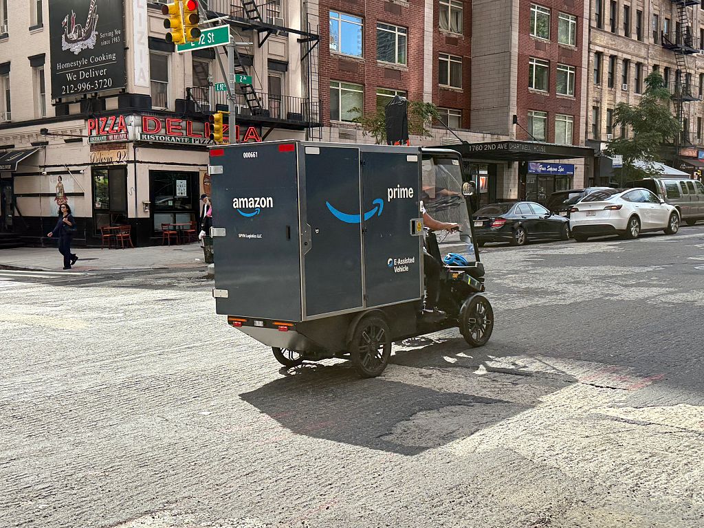 Amazon Prime pedicab delivery person on New York City Streets, Manhattan