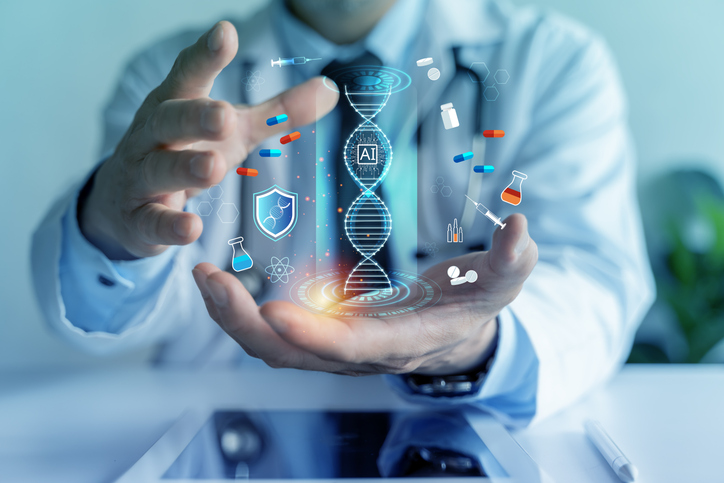 Doctor holding AI DNA hologram with medicine icons for precision healthcare and drug innovation