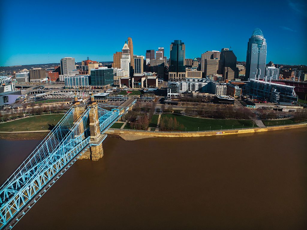 Morning light and View of Roebling suspension bridge at dusk over Ohio River on Kentucky Border, Cincinnati, Ohio