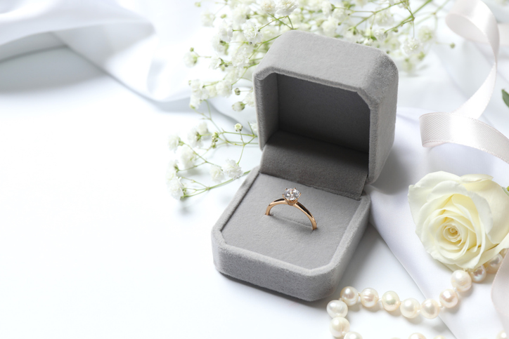 Concept of wedding accessories with wedding ring.