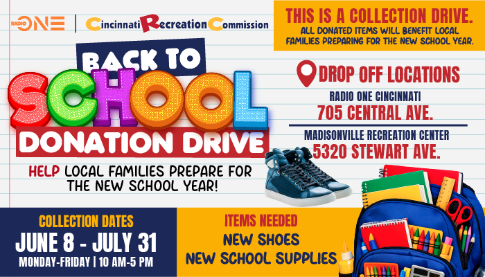 Back to school donation drive flyer with details on collection dates, drop-off locations, and needed items like new shoes and school supplies.