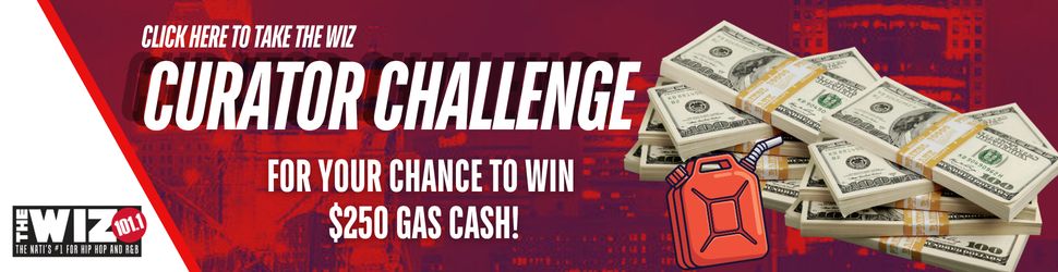 An advertisement for a "Curator Challenge" contest, offering $250 gas cash as the prize. The image features stacks of $100 bills and a red gas can.
