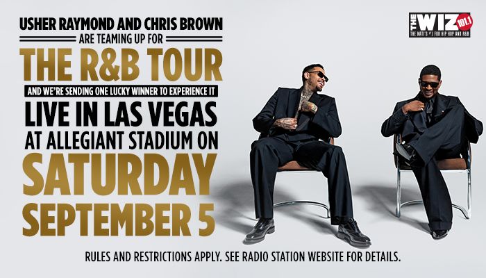 Usher Raymond and Chris Brown seated together, promoting their R&B tour with a chance to win a live experience in Las Vegas at Allegiant Stadium on September 5.