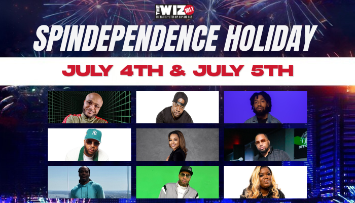 Fireworks display over city skyline. Text: "SPINDEPENDENCE HOLIDAY JULY 4TH & JULY 5TH". Portraits of 9 people, including a woman, a man with dreadlocks, and a man wearing a baseball cap.