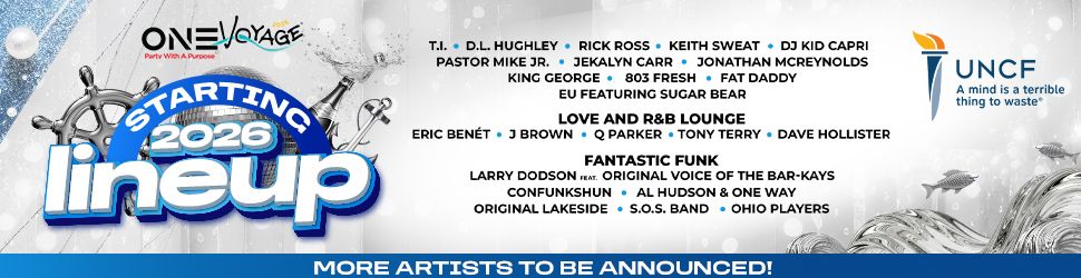 One Voyage music festival lineup poster featuring artists like T.I., D.L. Hughley, Rick Ross, Keith Sweat, and DJ Kid Capri starting in 2026.