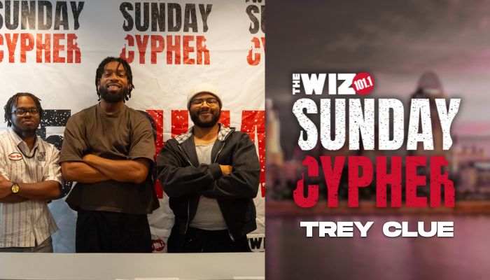 Three men standing together in front of a banner that says "SUNDAY CYPHER" and "TREY CLUE".