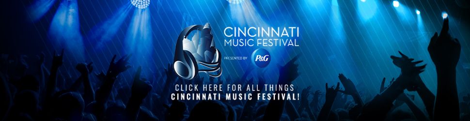 A large music festival stage with bright blue lighting and silhouetted crowd in the foreground. The text "CINCINNATI MUSIC FESTIVAL" is displayed prominently.