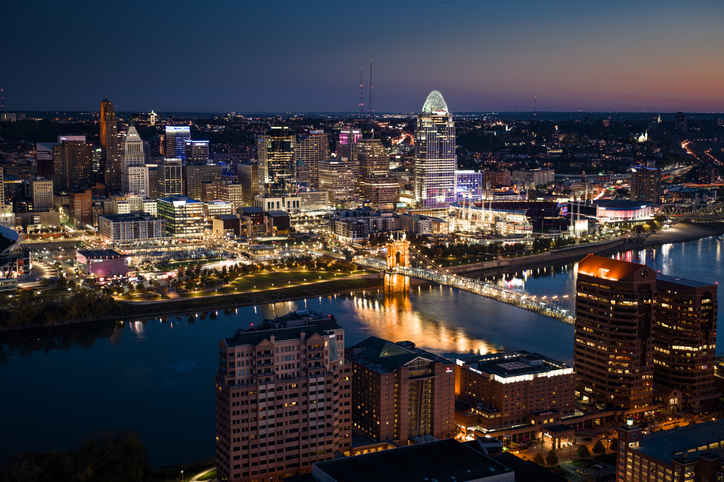 Aerial View of Downtown Cincinnati Skyline and Ohio River at Dawn
