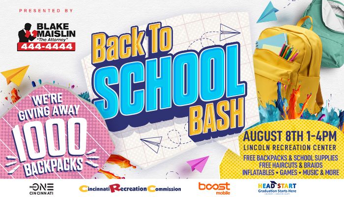 Back to School Bash event poster with colorful graphics, school supplies, and text announcing free backpacks, haircuts, and activities on August 8th from 1-4PM.