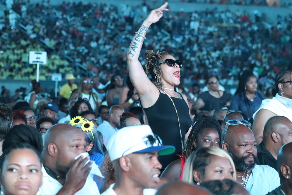 A crowded outdoor music festival or concert, with a woman in the foreground raising her arm and wearing sunglasses and a black top.