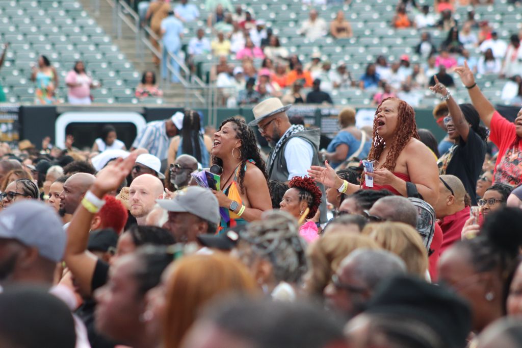 A crowded outdoor music festival with people dancing, cheering, and enjoying the lively atmosphere.