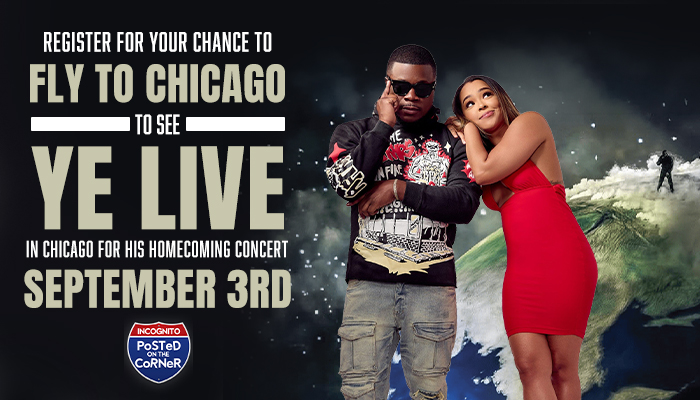 Two people, a man and a woman, posing together in front of a snowy landscape. The text on the image reads "REGISTER FOR YOUR CHANCE TO FLY TO CHICAGO TO SEE YE LIVE IN CHICAGO FOR HIS HOMECOMING CONCERT SEPTEMBER 3RD".