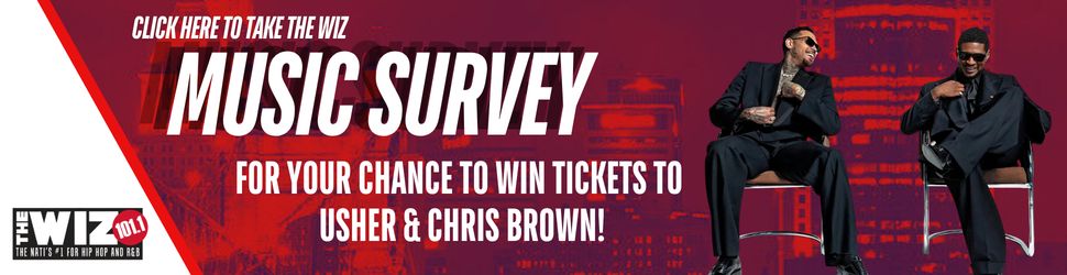 Two men in suits sitting on chairs, promoting a "Music Survey" contest to win tickets to Usher and Chris Brown concerts.