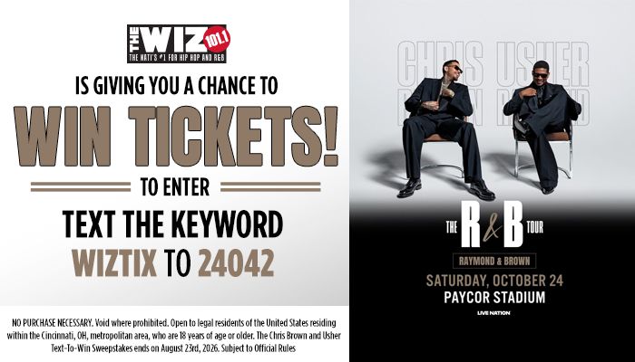 The Wiz 101.1 radio station is giving away tickets. The image shows two men in suits sitting on chairs, with text promoting "The R&B Tour" event at Paycor Stadium.